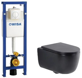 QeramiQ Dely Swirl Toiletset - 36.5x53cm - Wisa XS inbouwreservoir - slim zitting - witte bedieningsplaat - ronde knoppen - zwart mat 0704406/SW1000768/SW1026258