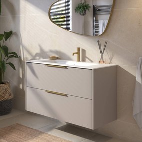 Saqu Lima badmeubel incl. keramische wastafel 100x46x61cm mat greige – messing greep