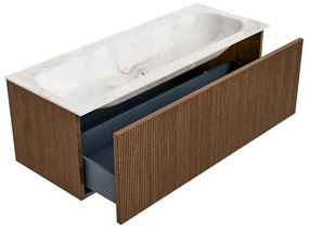 Mondiaz Kurve-dlux 120cm badmeubel walnut met 1 lade en wastafel big large midden 1 kraangat frappe