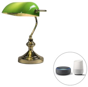 Smart tafellamp met dimmer messing met groen glas incl. Wifi P45 - Banker Art Deco, Klassiek / Antiek, Retro E27 rond Binnenverlichting Lamp