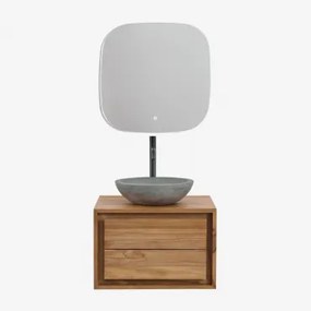 Jabari Teakhouten Badkamermeubelset Teakhout & Rond Grijs Cement Ø40 Cm Tarsis & Vierkant Led En Anticondens 75x75 Cm Riben & Zwart - Sklum