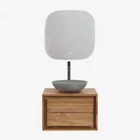 Jabari Zwevend Badkamermeubelset Van Teakhout Teakhout & Rond Grijs Cement Ø40 Cm Tarsis & Vierkant Led En Anticondens 75x75 Cm Riben & - Sklum