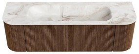 Mondiaz Kurve-dlux 150cm badmeubel ronding links/rechts walnut met 1 lade en 2 deuren en wastafel big medium midden 1 kraangat frappe