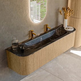 Mondiaz Kurve-dlux 170cm badmeubel ronding links/rechts oak met 1 lade en 2 deuren en wastafel big large midden 2 kraangaten lava