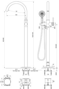 Brauer Gunmetal Carving vrijstaande badmengkraan met 3 standen handdouche gunmetal geborsteld PVD