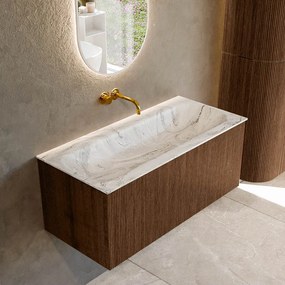 Mondiaz Kurve-dlux 100cm badmeubel walnut met 1 lade en wastafel big medium midden zonder kraangat glace