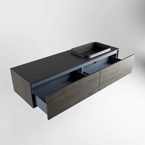 Mondiaz Erin 150cm badmeubel Dark Brown met 2 lades en zwarte wastafel rechts 1 kraangat