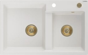 Mexen Tomas granit gootsteen 2-kamers 800 x 500 mm, wit, gouden sifon - 6516802000-20-G