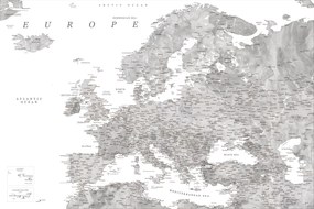 Kaart Detailed map of Europe in gray watercolor, Blursbyai, (40 x 26.7 cm)