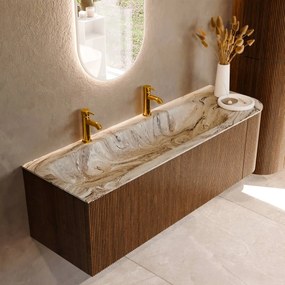 Mondiaz Kurve-dlux 145cm badmeubel ronding rechts dusk met 1 lade en deur en wastafel big large links 2 kraangaten glace