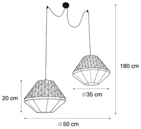 Hanglamp zwart met dubbele velours lampenkap blad dessin en beige 2-lichts - Cava Luxe Klassiek / Antiek Minimalistisch E27 rond Binnenverlichting Lamp