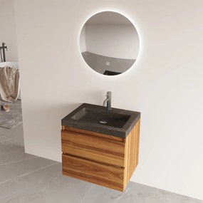 Fontana Freestone badkamermeubel walnoot 60cm met natuurstenen wastafel 1 kraangat en ronde spiegel