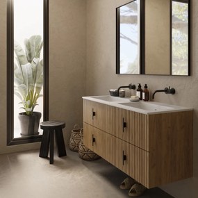 Muebles Avila badmeubel ribbelfront 120cm warm eiken met dubbele wastafel zonder kraangaten