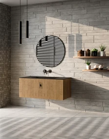 Muebles Raya badmeubel ribbelfront 100cm warm eiken met zwarte wastafel zonder kraangat