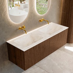 Mondiaz Kurve-dlux 130cm badmeubel walnut met 2 lades en wastafel leaf dubbel zonder kraangat frappe