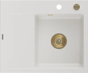 Mexen Ben granitische spoelbak met 1 bak en afdruiprek, rechts 600 x 500 mm, wit, gouden sifon - 6523605000-20-G