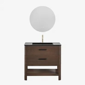 Badmeubelset 90x50 Cm Van Hout Met Geïntegreerde Wastafel Misene Donker Hout & Round Led And Antifog Ø70 Cm Riben & Geborsteld - Sklum