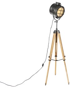 Tripod studiospot vloerlamp zwart met hout - Shiny