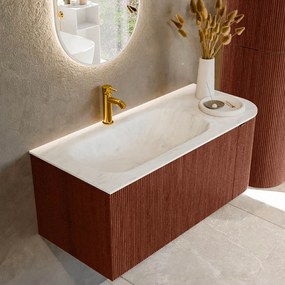 Mondiaz Kurve-dlux 105cm badmeubel ronding rechts ruby met 1 lade en deur en wastafel big small kraangat links opalo