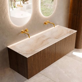 Mondiaz Kurve-dlux 130cm badmeubel dusk met 2 lades en wastafel leaf dubbel zonder kraangat frappe