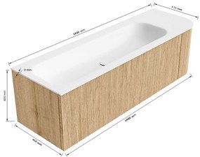 Mondiaz Kurve 145cm badmeubel ronding rechts walnut met 1 lade en deur en wastafel big large links 2 kraangaten urban