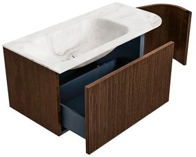 Mondiaz Kurve-dlux 95cm badmeubel ronding rechts walnut met 1 lade en deur en wastafel big small kraangat links frappe