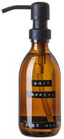 Wellmark Handzeep bruin glas zwarte pomp 250ml tekst SHIT HAPPENS..JUST WASH Zwart label 8720165018185