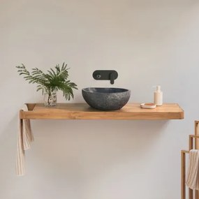 Conjunto Van Meubel 130x45 Cm Hangend In Teakhout Neill Teakhout & Spiegelloze & Onregelmatige In Zwart Cement ↔︎40 Cm Fedro & Matzwart Inbouwmodel Me
