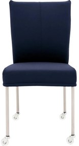 Goossens Eetkamerstoel Funk RVS Poten blauw leer leuning en met wielenTransparant skater wiel met rvs kap, modern design
