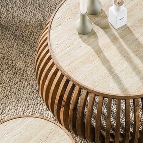 Ronde Salontafelset Travertin En Hout - 75 X 75cm.
