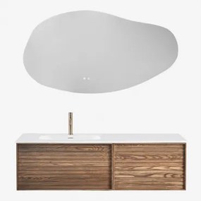 Conjunto Vaniteit Hangend 140x50 Cm In Hout Met Geïntegreerde Wastafel Solea Ash Brown & Geborsteld Goud ↑20 Cm Met Overloop Aftapventiel Orveta & Onr