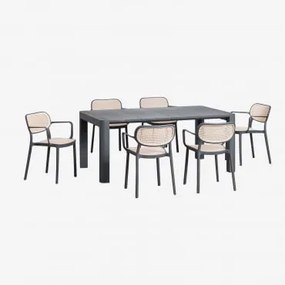 Arnadine Rechthoekige Tafelset (180x100 Cm) En 6 Stapelbare Tuinstoelen Met Omara-armleuningen Grijs – Grafiet - Sklum