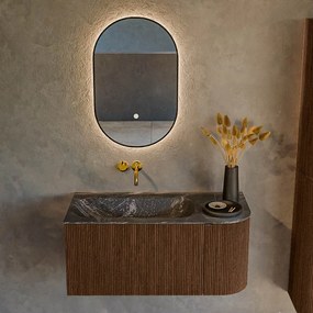 Mondiaz Kurve-dlux 95cm badmeubel ronding rechts walnut met 1 lade en deur en wastafel big small links zonder kraangat lava