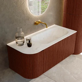 Mondiaz Kurve-dlux 105cm badmeubel ronding links ruby met 1 lade en deur en wastafel big small rechts zonder kraangat opalo