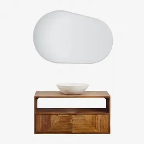 Baty Mangohouten Badkamermeubelset Mangohout & Rond Cement Wit Ø40 Cm Zavion & Ovaal Led En Anticondens 100x80 Cm Riben & Zonder Kraan - Sklum