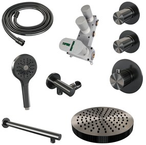 Brauer Stripe inbouw regendouche met 25cm hoofddouche, rechte muurarm en 3 standen handdouche set 4 gunmetal geborsteld PVD