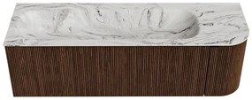 Mondiaz Kurve-dlux 145cm badmeubel ronding rechts walnut met 1 lade en deur en wastafel big large links zonder kraangat glace