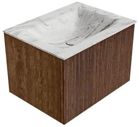 Mondiaz Kurve-dlux 60cm badmeubel walnut met 1 lade en wastafel cloud midden 1 kraangat glace