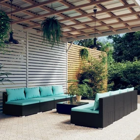 vidaXL 9-delige Loungeset met kussens poly rattan zwart