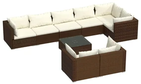 vidaXL 9-delige Loungeset met kussens poly rattan bruin