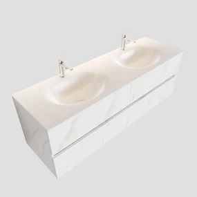Zaro Sevilla Solid Surface badmeubel 150cm mat wit marmer 2 kraangaten dubbele spoelbak met 4 lades