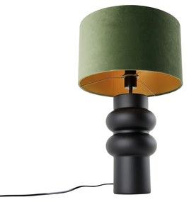 Design tafellamp zwart 17 cm velours kap groen met goud 35 cm - Alisia Design E27 rond Binnenverlichting Lamp