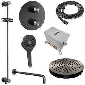 Brauer Stripe inbouw regendouche rond met 25cm hoofddouche, rond met gebogen muurarm, glijstang en 3 standen handdouche set 47 gunmetal geborsteld PVD