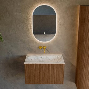 Mondiaz Kurve-dlux 70cm badmeubel walnut met 1 lade en wastafel big small midden zonder kraangat glace