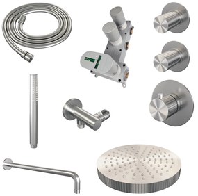 Brauer Stripe inbouw regendouche met 25cm hoofddouche, gebogen muurarm en staafhanddouche set 2 RVS geborsteld PVD