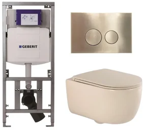 QeramiQ Dely Swirl Toiletset - 36.3x51.7cm - Geberit UP320 Burda inbouwreservoir -slim zitting - geborsteld messing bedieningsplaat - ronde knoppen - beige 0701131/SW706200/SW1000770/SW1026259