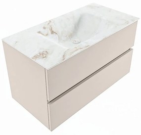 Mondiaz Vica DLux badmeubel 90cm linen 2 lades met wastafel frappe midden 1 kraangat