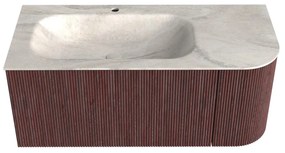 Mondiaz Kurve-dlux 105cm badmeubel ronding rechts ruby met 1 lade en deur en wastafel big small kraangat links ostra