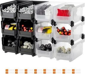 VEVOR stapeldozen, 377 x 215 x 180 mm (12-pack), transparante opbergdozen, stapelbare opbergdoos voor het organiseren en opbergen van kleine onderdelen, kantoorbenodigdheden en andere accessoires, zwart en transparant