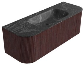 Mondiaz Kurve-dlux 130cm badmeubel ronding links/rechts ruby met 1 lade en 2 deuren en wastafel big small midden zonder kraangat lava